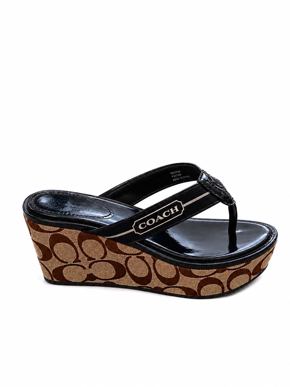 Coach Black Patent Leather Logo Wedge Thong Sandals with Monogram Platform